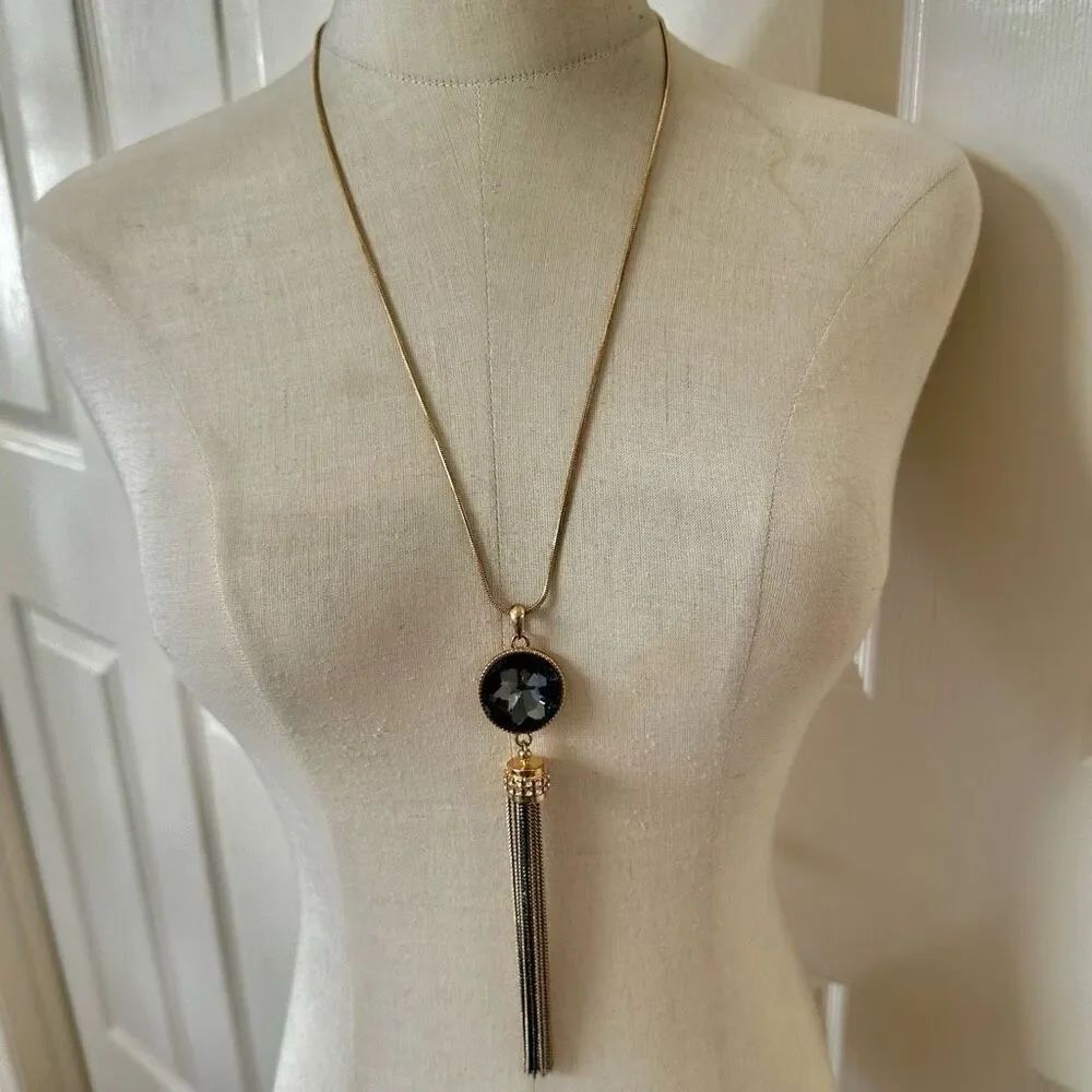 grey gold tone  Crystal Tassel Pendant Necklace